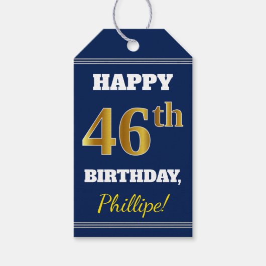 Blauw, Faux Gold 46th Birthday + Eigen naam Cadeaulabel (Voorkant)
