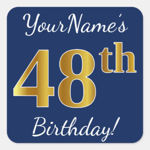 Blauw, Faux Gold 48th Birthday + Eigen naam Vierkante Sticker