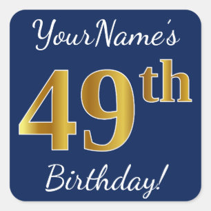 Blauw, Faux Gold 49th Birthday + Eigen naam Vierkante Sticker