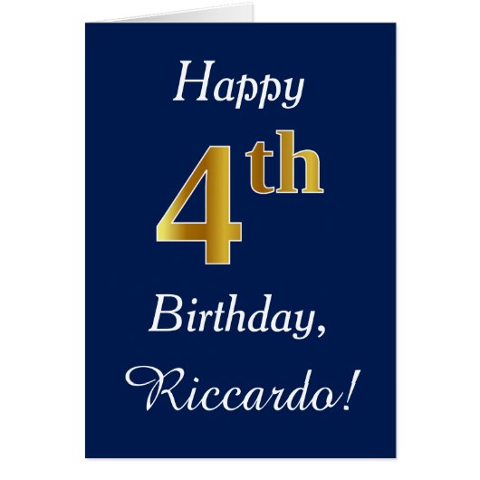 Blauw, Faux Gold 4th Birthday + aangepaste naam (Voorkant)