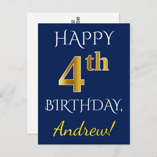Blauw, Faux Gold 4th Birthday + aangepaste naam Briefkaart (Voorkant / Achterkant)