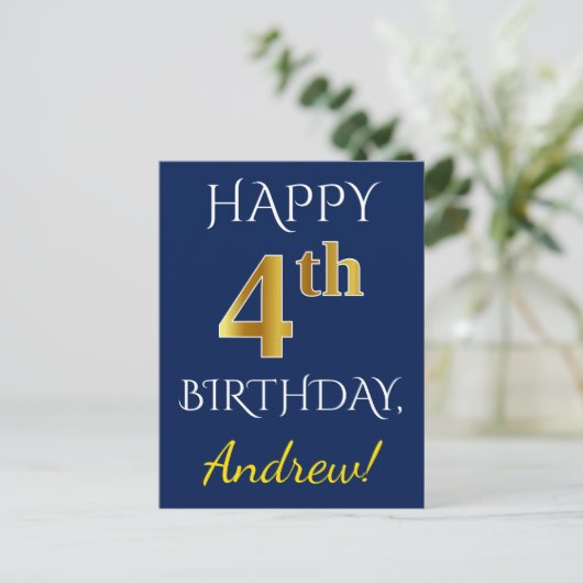 Blauw, Faux Gold 4th Birthday + aangepaste naam Briefkaart (Staand voorkant)