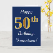Blauw, Faux Gold 50ste verjaardag + aangepaste naa Kaart (Gele Bloem)