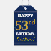Blauw, Faux Gold 53rd Birthday + Aangepaste naam Cadeaulabel (Voorkant)