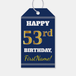 Blauw, Faux Gold 53rd Birthday + Aangepaste naam Cadeaulabel