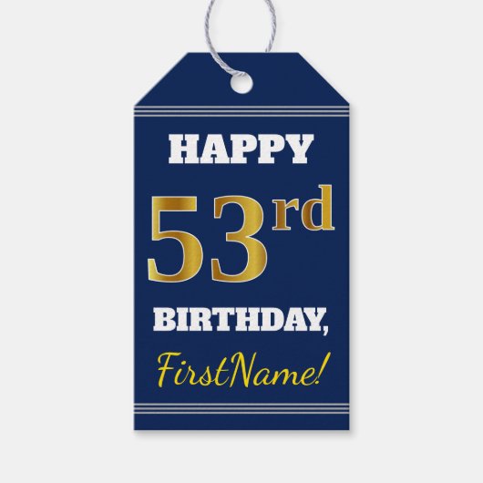Blauw, Faux Gold 53rd Birthday + Aangepaste naam Cadeaulabel (Voorkant)
