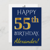 Blauw, Faux Gold 55th Birthday + Eigen naam Briefkaart (Voorkant / Achterkant)