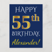 Blauw, Faux Gold 55th Birthday + Eigen naam Briefkaart (Voorkant)