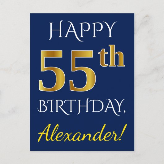 Blauw, Faux Gold 55th Birthday + Eigen naam Briefkaart (Voorkant)