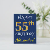 Blauw, Faux Gold 55th Birthday + Eigen naam Briefkaart (Staand voorkant)