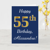 Blauw, Faux Gold 55th Birthday + Eigen naam Kaart (Gele Bloem)