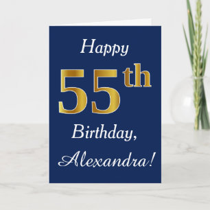 Blauw, Faux Gold 55th Birthday + Eigen naam Kaart