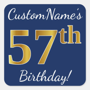 Blauw, Faux Gold 57th Birthday + Eigen naam Vierkante Sticker