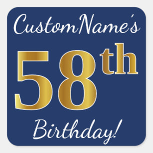 Blauw, Faux Gold 58th Birthday + Eigen naam Vierkante Sticker