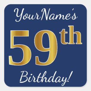 Blauw, Faux Gold 59th Birthday + Eigen naam Vierkante Sticker