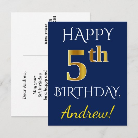 Blauw, Faux Gold 5th Birthday + Eigen naam Briefkaart (Voorkant / Achterkant)