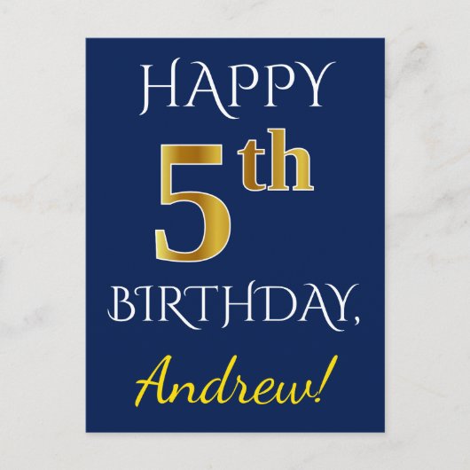 Blauw, Faux Gold 5th Birthday + Eigen naam Briefkaart (Voorkant)