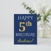 Blauw, Faux Gold 5th Birthday + Eigen naam Briefkaart (Staand voorkant)