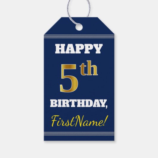 Blauw, Faux Gold 5th Birthday + Eigen naam Cadeaulabel (Voorkant)