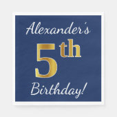 Blauw, Faux Gold 5th Birthday + Eigen naam Servetten (Voorkant)