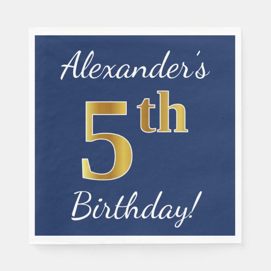 Blauw, Faux Gold 5th Birthday + Eigen naam Servetten (Voorkant)