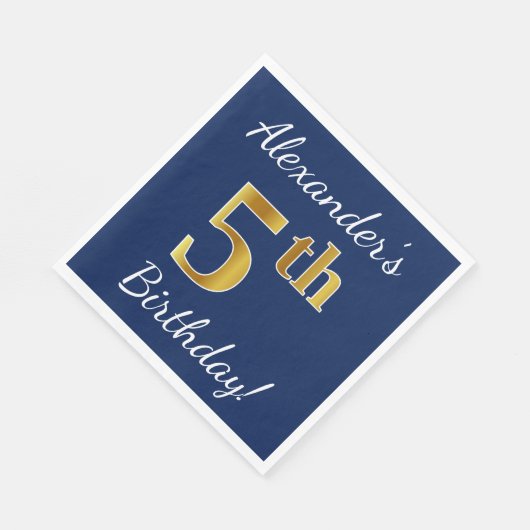 Blauw, Faux Gold 5th Birthday + Eigen naam Servetten (Hoek)