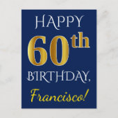 Blauw, Faux Gold 60ste verjaardag + aangepaste naa Briefkaart (Voorkant)