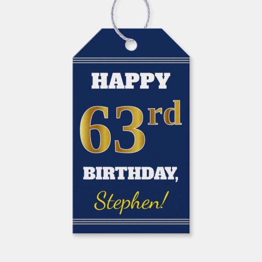 Blauw, Faux Gold 63rd Birthday + Aangepaste naam Cadeaulabel (Voorkant)