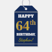 Blauw, Faux Gold 64th Birthday + Eigen naam Cadeaulabel (Voorkant)