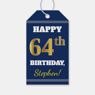 Blauw, Faux Gold 64th Birthday + Eigen naam Cadeaulabel
