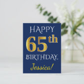 Blauw, Faux Gold 65e verjaardag + aangepaste naam Briefkaart (Staand voorkant)