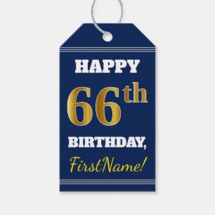 Blauw, Faux Gold 66th Birthday + Aangepaste naam Cadeaulabel