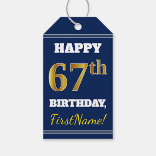 Blauw, Faux Gold 67th Birthday + Eigen naam Cadeaulabel