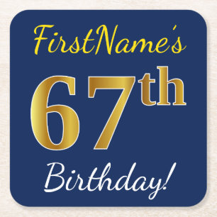 Blauw, Faux Gold 67th Birthday + Eigen naam Kartonnen Onderzetters