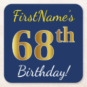 Blauw, Faux Gold 68th Birthday + Eigen naam Kartonnen Onderzetters (Voorkant)
