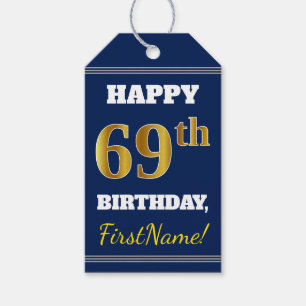 Blauw, Faux Gold 69th Birthday + Eigen naam Cadeaulabel