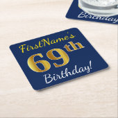 Blauw, Faux Gold 69th Birthday + Eigen naam Kartonnen Onderzetters (Schuin)