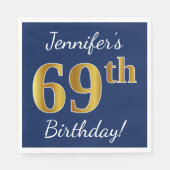 Blauw, Faux Gold 69th Birthday + Eigen naam Servetten (Voorkant)