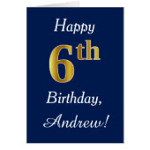 Blauw, Faux Gold 6th Birthday + Aangepaste naam (Voorkant)