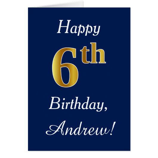 Blauw, Faux Gold 6th Birthday + Aangepaste naam (Voorkant)