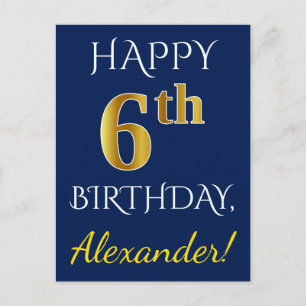 Blauw, Faux Gold 6th Birthday + Aangepaste naam Briefkaart