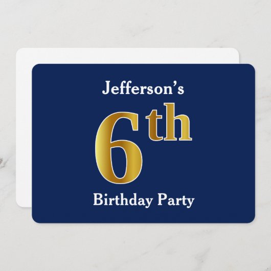 Blauw, Faux Gold 6th Birthday Party + aangepaste n Kaart (Voorkant / Achterkant)