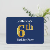 Blauw, Faux Gold 6th Birthday Party + aangepaste n Kaart (Staand voorkant)