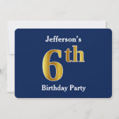 Blauw, Faux Gold 6th Birthday Party + aangepaste n Kaart (Voorkant)