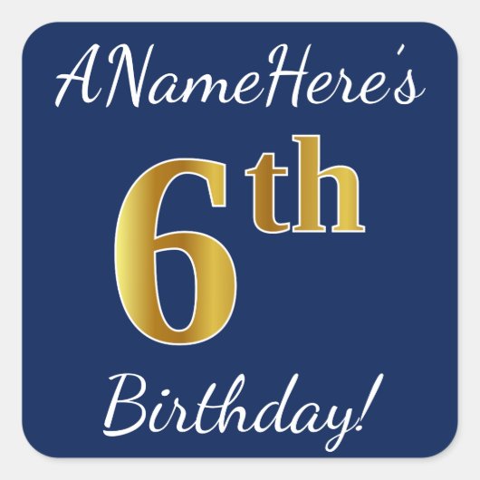 Blauw, Faux Gold 6th Birthday + Sticker voor aange (Voorkant)