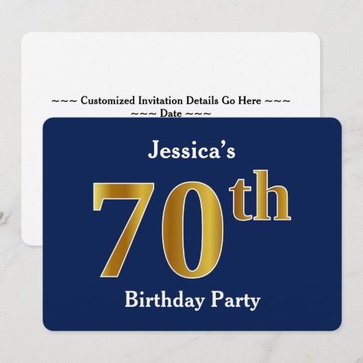 Blauw, Faux Gold 70e verjaardagsfeest + aangepaste Kaart (Voorkant / Achterkant)