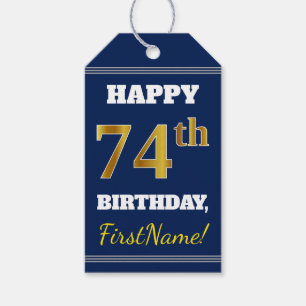 Blauw, Faux Gold 74th Birthday + Aangepaste naam Cadeaulabel