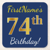 Blauw, Faux Gold 74th Birthday + Aangepaste naam Kartonnen Onderzetters (Voorkant)