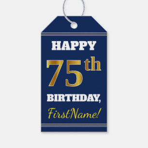 Blauw, Faux Gold 75th Birthday + Eigen naam Cadeaulabel