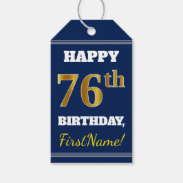 Blauw, Faux Gold 76th Birthday + Aangepaste naam Cadeaulabel
